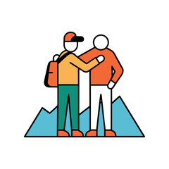 Two hikers with backpacks sharing a moment of camaraderie on a mountain peak