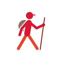 Red hiker with backpack and walking stick on black background