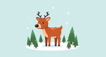 Adorable cartoon reindeer standing in a snowy forest with pine trees.