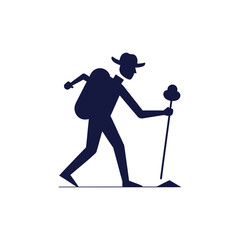 Silhouette of a hiker with backpack and walking stick on a dark background