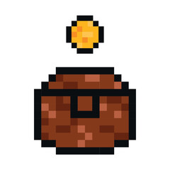 Closed chest with a gold coin on top on a white background. Vector illustration of a chest for video games in pixel art style.