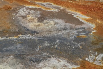 abstract close-up view of the different soil and mineral colours in the Hverir Geothermal Area in northern Iceland