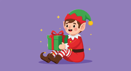 Adorable Christmas Elf Holding a Wrapped Gift with Festive Sparkles.