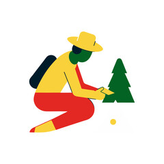 Stylized hiker with backpack and tree in minimalist outdoor scene