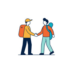 Two travelers with backpacks shaking hands on a black background