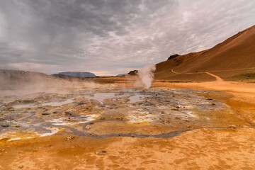 view of the Hverir Geothermal Area inthe Myvatn Region of northern Iceland