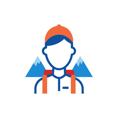 Stylized icon of a hiker with mountains and backpack on black background