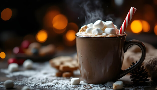 A steaming mug of hot cocoa topped with melting marshmallows and a candy cane stir stick