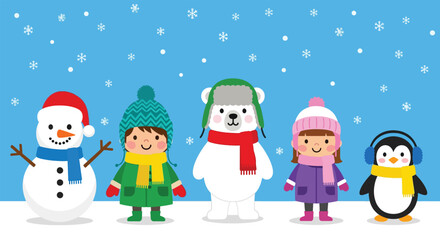 Adorable Winter Characters Snowman Children Polar Bear and Penguin in Snow.