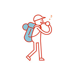 Joyful hiker with backpack whistles a tune while walking outdoors