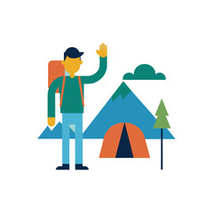 Adventurous hiker waves hello beside tent and mountains