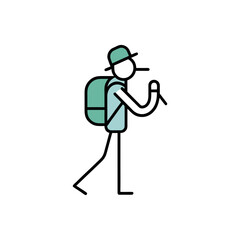 Stylized icon of a hiker with backpack and trekking pole on a black background