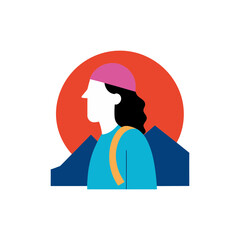 Stylized person with backpack against mountains and sun