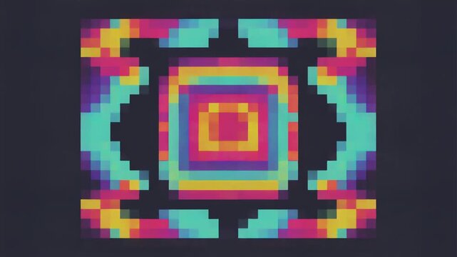 Colorful pixel art kaleidoscope pattern with a retro 8-bit video game aesthetic creating a hypnotic digital visual illustration