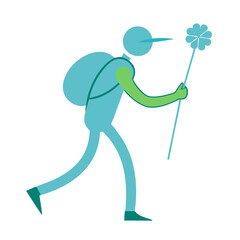 Stylized character with backpack and clover staff walking against a black background