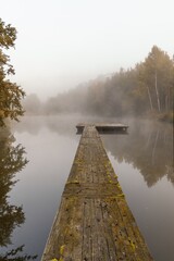misty morning on the shores of a small lake with a wooden dock and surrounded by forest in autumn colours