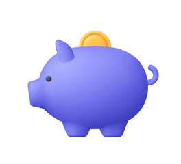 Purple piggy bank with gold coin. Money saving, banking, finance, economy, investment and budget concept. 3d vector icon. Cartoon minimal style.