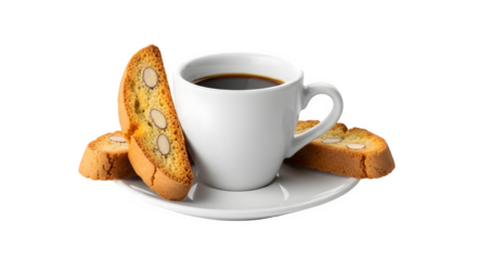 Cup of coffee with biscotti cookies on a white plate against a on transparent background