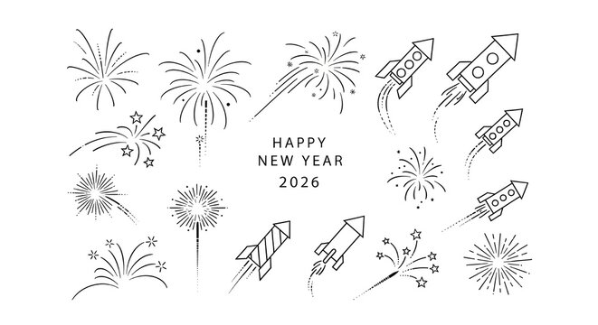 A new year celebration design with fireworks and rockets for happy new year two thousand twenty six
