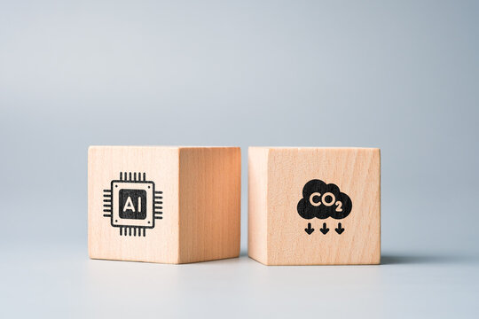 Wooden blocks with AI chip and CO2 icons representing the role of artificial intelligence in reducing carbon emissions, improving energy efficiency, and supporting sustainability