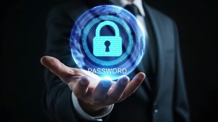 Password Security Protocol: Businessman Holding Animated Padlock with Password Text and Binary Code Overlay. Data Access Protection. - Powered by Adobe