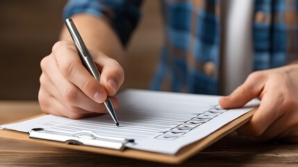 Person Filling Out Checklist on Clipboard with Pen in Natural Environment for Task Management and Organization