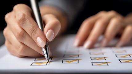 Hand Holding Pen Marking Checklist Paper With Checked Boxes Against Blurred Background in Soft Lighting