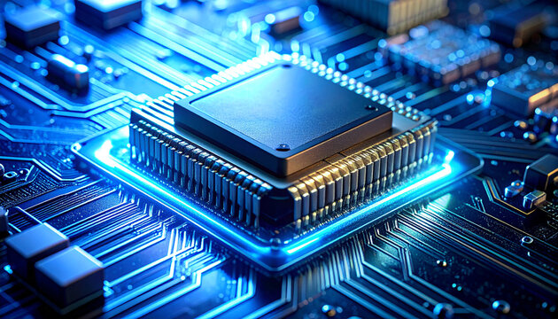 Advanced Technology Circuitry: An intricate circuit board, pulsing with neon-blue energy, showcases a central processing unit.