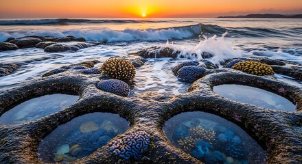 Vibrant Sunset Over Coastal Tide Pools with Crashing Waves.