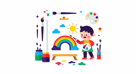 Fototapeta premium Young artist painting a vibrant rainbow with colorful paints and brushes.