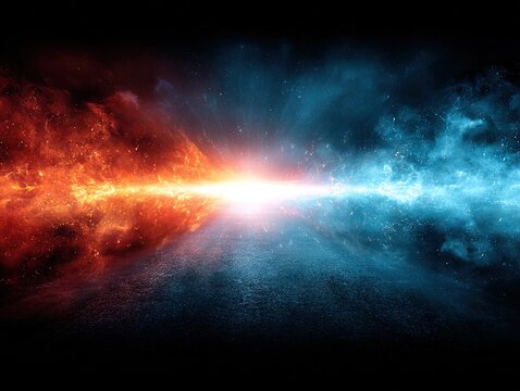 Abstract collision of red and blue energy clouds meeting in a burst of light, symbolizing balance, conflict, and the fusion of opposing creative forces