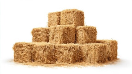 Neatly stacked hay bales form pyramid-like structure against white background. Straw texture is detailed under soft lighting. Rural and agricultural themes prevail. Neural network AI generated