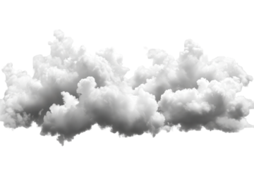 Fluffy white clouds floating peacefully against a transparent background, creating a serene and calming atmosphere throughout the scene