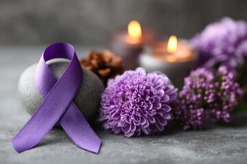 Purple awareness ribbon with chrysanthemum flowers and candles on gray background, symbol of cancer support and remembrance, ideal for health campaigns or memorial projects.