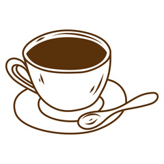 Coffee Cup With Saucer And Spoon Line Illustration For Cafe Menu Design And Morning Beverage Art