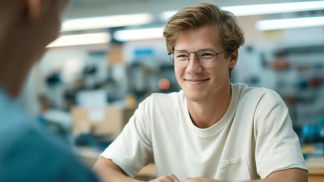 male instructor teaching electronics basics in makerspace soft clinking tools bright innovation learning environment cinematic color correction, gentle backlight, clean negative space, high quality