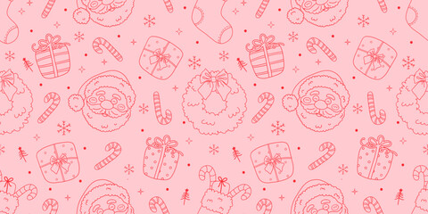 Christmas seamless pattern with hand drawn Santa Claus, candy cane, wreath. Cute Xmas background for print, wrapping paper, fabric, textile, wallpaper. Vector sketch line art