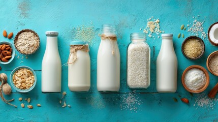 Variety of plant-based milks and ingredients on a turquoise surface surrounded by nuts and grains
