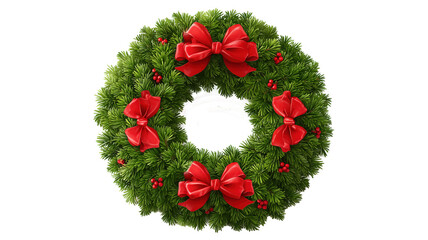 Beautiful Festive Green Wreath adorned with Vibrant Red Bows and Bright Berries for Christmas Decor isolated on transparent background