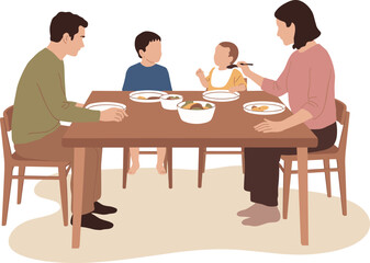 Happy Family with Two Children Eating Dinner Together at Home, Showing Parenthood, Bonding, Healthy Lifestyle, Quality Time, and Domestic Life, Flat Vector Illustration.