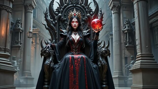 Dark queen with red glowing orb sitting on a gothic throne with spikes and skulls against stone castle walls. Fantasy villain concept