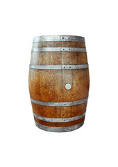Traditional wooden barrel with metal bands and bung hole, ideal for storing wine, whiskey, or spirits. Isolated on white background
