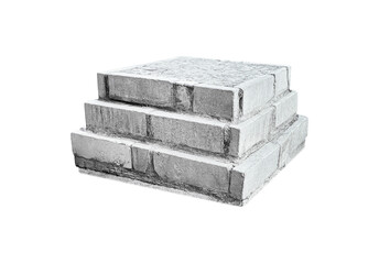 A stepped, square podium or platform made of aged concrete or stone blocks. Features a rough, gray texture, isolated on a white background for display, product placement, or historical concepts