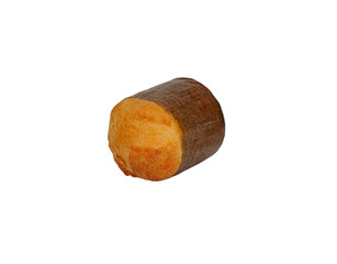A single, small Italian Panettone Christmas cake wrapped in its paper liner, shown on its side. Perfectly isolated on a white background for holiday or food concepts