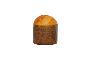 A single, tall, Italian Panettone Christmas cake, wrapped in its traditional paper liner. Perfectly isolated on a white background with reflection for holiday or food concepts