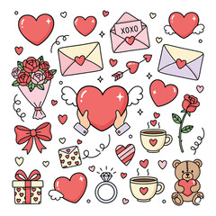 A collection of charming hand-drawn illustrations featuring hearts, envelopes, flowers, gifts, and a teddy bear, perfect for Valentine's Day themes.