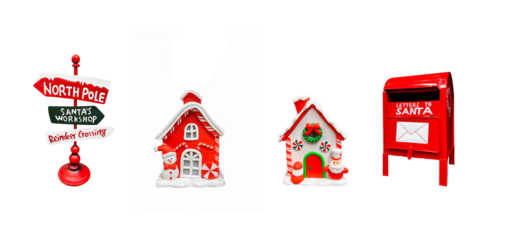 A horizontal set of four Christmas elements, including a North Pole signpost, two gingerbread houses, and a Santa mailbox. Perfectly isolated on white for holiday design concepts