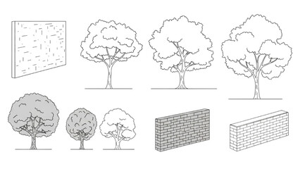 Architectural Elements and Trees Line Drawings Depicting Landscape Components