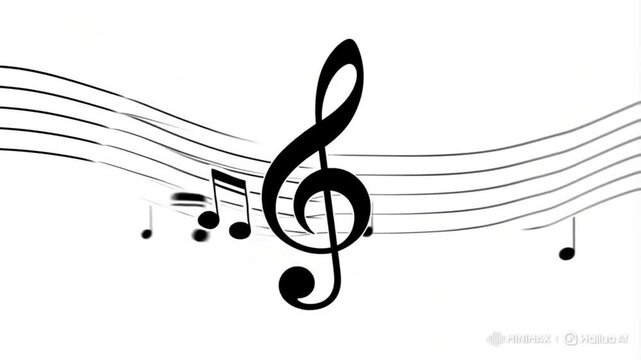 Black musical notes appearing on a waving staff with a treble clef, isolated on a white background