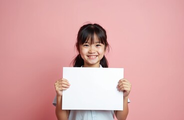 Smiling asian girl holds blank white paper sheet. Young child with dark hair stands on pink studio backdrop. She shows empty card for message or announcement. Future is bright.